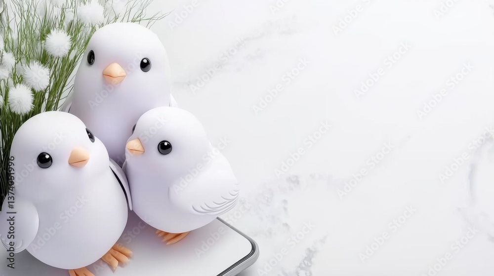 Three White Chicks on Marble Surface with White Flowers Three White Chicks on Marble Surface with White Flowers