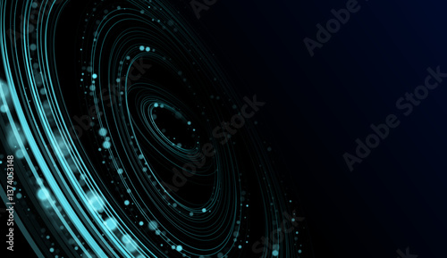 Visualization of big data with swirling circular particles forming vortex trails. Infographic design with futuristic elements for science or finance. Abstract data flowing across a complex background