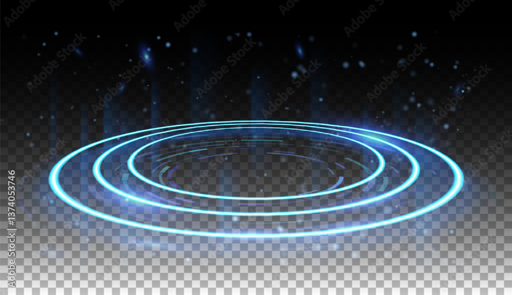 Fototapeta premium Radiant blue light trail forming three glowing neon circles. Sparkling rings with magical glitter effects. Transparent background design with bokeh shimmer and dynamic flying light flashes