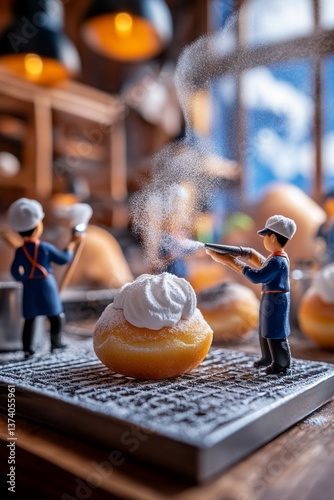 Pequeños pasteleros decoran un donut de crema angelical en una acogedora pastelería