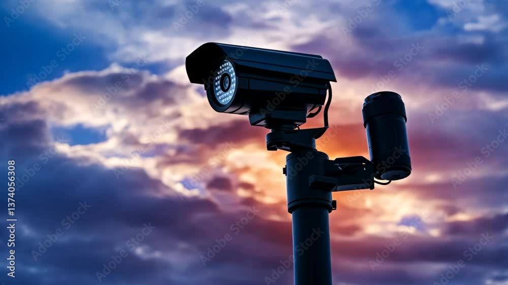 Security camera monitors surroundings during twilight in urban setting with dramatic cloud formations