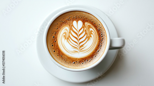 A cup of coffee with latte art and_a_white background
