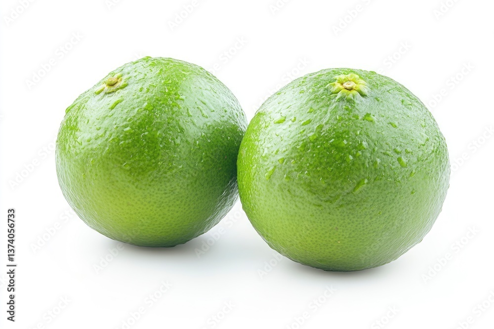 Fresh Key Limes Displayed with Water Droplets on White Background Fresh Key Limes Displayed with Water Droplets on White Background