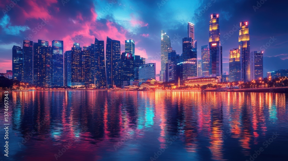 Obraz premium Stunning Night Skyline of Modern City Vibrant Colors Water Reflection Cityscape Architecture