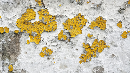A detailed texture of yellow lichen on an old white