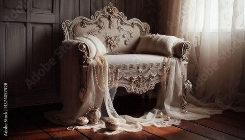 Victorian Linen Bench with Lace and Pearls