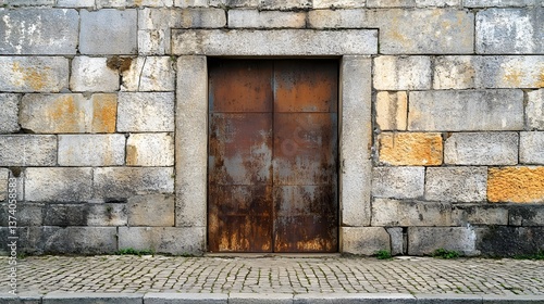 Rustic Old Stone Wall and Weathered Metal Door Close-Up Stock Photo