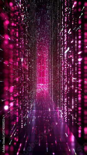 A cityscape of the future features a radiant red beam of light that originates from the horizon