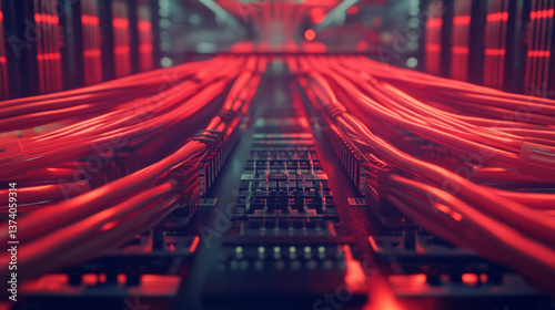 A close-up shot of an Internet network switch with ethernet plugged in and ready for use in a modern office. AI generative