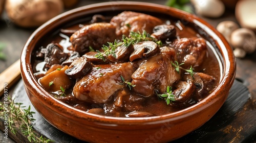 Traditional coq au vin with braised chicken, mushrooms, and red wine sauce in rustic ceramic bowl