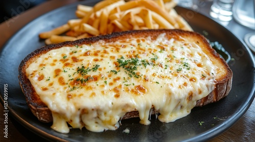 Croque monsieur sandwich with melted béchamel and cheese served with crispy French fries