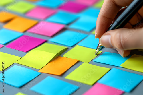 A close-up photograph of a hand writing down ideas on a sticky note during a brainstorming session.