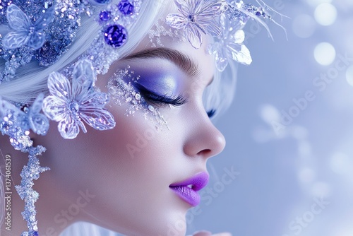 Close-up of a woman's face with artistic makeup, featuring purple eyeshadow and butterfly decorations on her cheek. The background is blurred with bokeh lights, creating a dreamy effect.