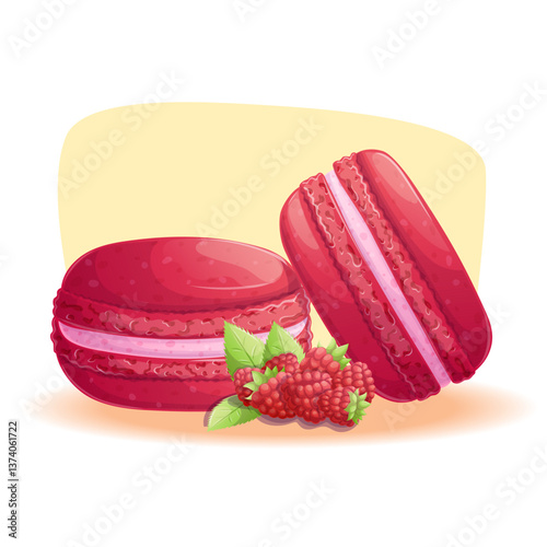 Delicious French raspberry macaroons. The concept of confectionery, cakes, pastries, cooking, confectionery. Vector illustration for the design of menus, posters, banners, covers