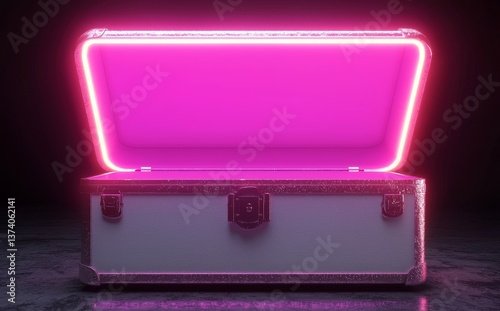 A dark room contains an open white wooden chest that emits a glowing pink and blue light