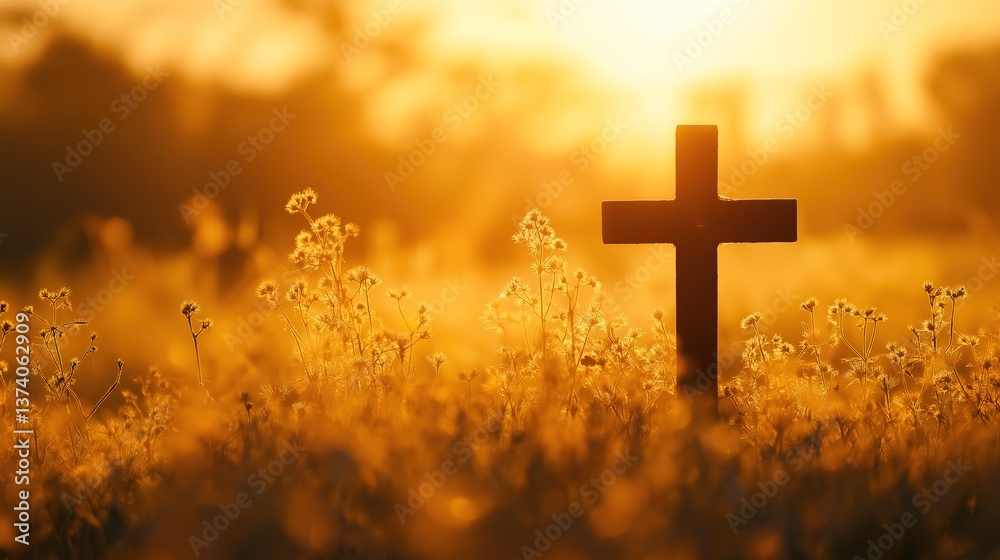 A cross stands in a meadow bathed in golden autumn sunrise light, symbolizing peace and renewal. A cross stands in a meadow bathed in golden autumn sunrise light, symbolizing peace and renewal.