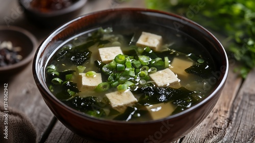 Traditional Japanese miso soup with tofu cubes, wakame seaweed, green onions and clear broth in ceramic bowl