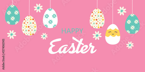 Happy easter greeting clipart banner. Easter egg hunt celebration clip art with eggs and flowers decoration elements for greeting card holiday background. Vector illustration seasonal banner.