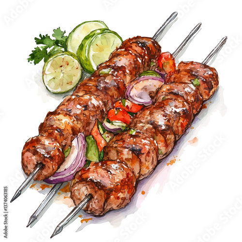 A watercolor vector of Adana kebab, isolated on a white background. Adana kebab vector.

