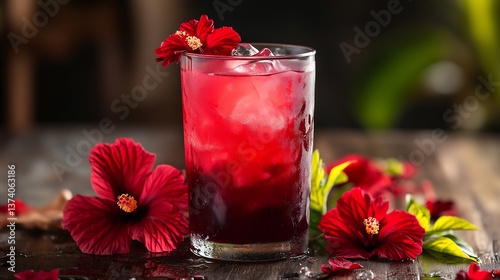 Refreshing agua fresca de jamaica served in glass with ice and hibiscus flowers on rustic wooden table