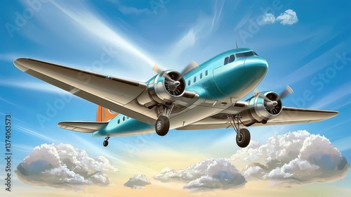 A vintage airplane clipart with retro design elements, flying above stylized clouds in a mid-century color palette.