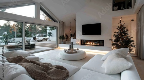 Una sala de estar minimalista se ha decorado para la Navidad con un árbol iluminado y un ambiente acogedor