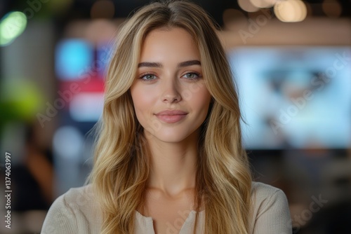 Wallpaper Mural Young woman with blonde hair and a serene expression in a modern indoor setting. Torontodigital.ca