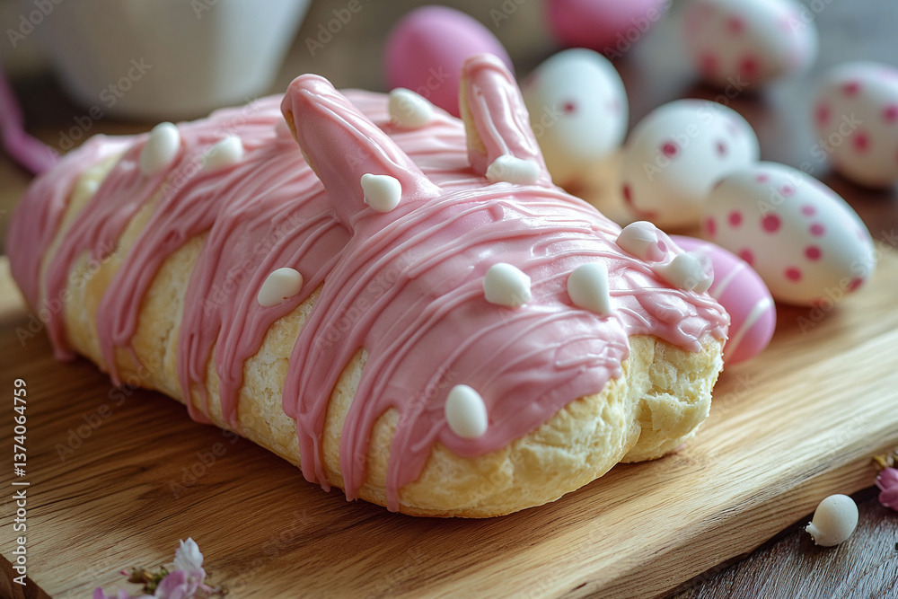 Easter bunny pastry decorated with pink icing, white chocolate and eggs on wooden board, cheerful and delicious spring holiday image Easter bunny pastry decorated with pink icing, white chocolate and eggs on wooden board, cheerful and delicious spring holiday image