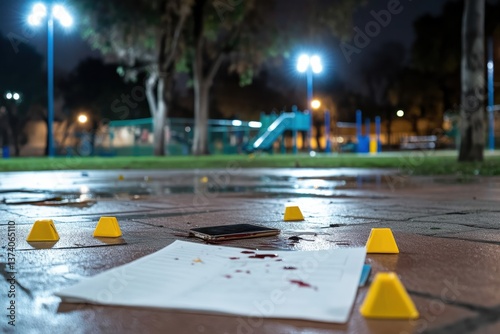 A haunting nighttime image showcasing evidence markers around a pool of blood, implying a potential crime scene, evoking suspense and urgency in the atmosphere.