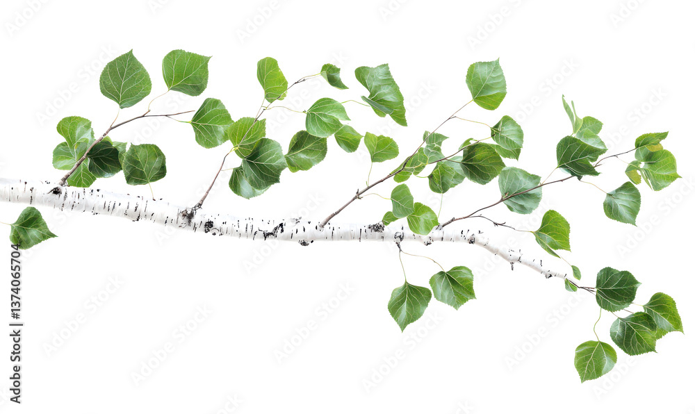 Obraz premium Green Birch Tree Branch with Delicate Leaves Isolate on Transparent Background, cutout, png