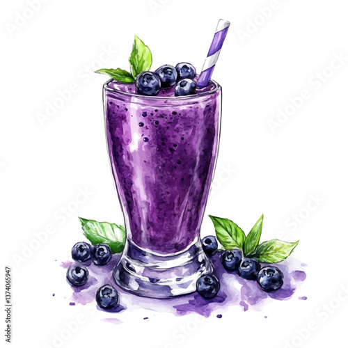 A watercolor vector of an acai smoothie, isolated on a white background. Acai smoothie vector.


