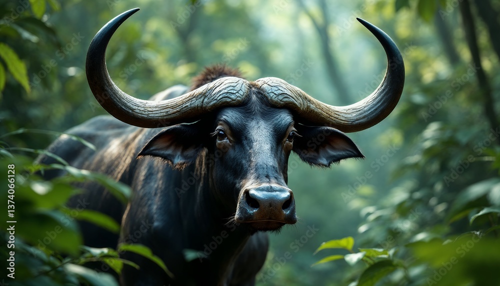 Water Buffalo Standing in Jungle Forest Clearing Looking at Camera Water Buffalo Standing in Jungle Forest Clearing Looking at Camera
