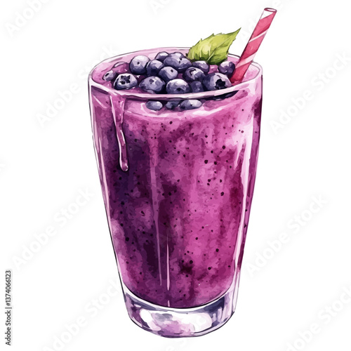 A watercolor vector of an acai smoothie, isolated on a white background. Acai smoothie vector.

