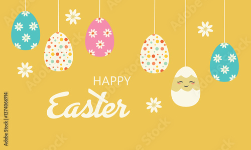 Happy easter greeting clipart banner. Easter egg hunt celebration clip art with eggs and flowers decoration elements for greeting card holiday background. Vector illustration seasonal banner.