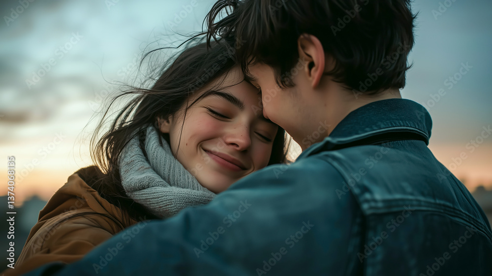 Close-up of a couple embracing affectionately, with a warm, happy mood, against a dusky, soft-lit background. Close-up of a couple embracing affectionately, with a warm, happy mood, against a dusky, soft-lit background.