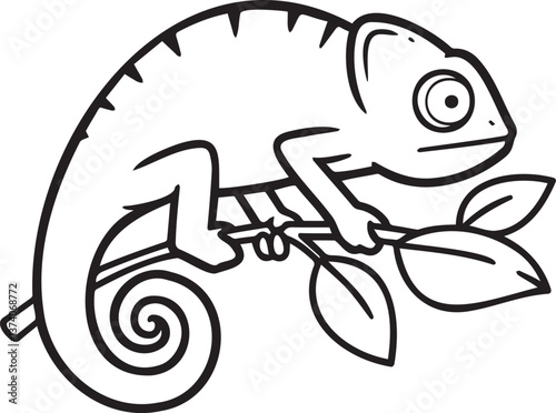 Chameleon drawing holding onto a branch with leaves  