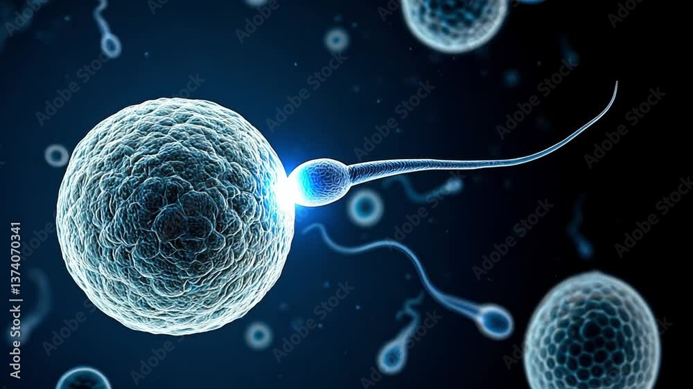 The intricate moment of sperm approaching the egg is depicted, highlighting the process of fertilization. This event occurs in a biological context, illustrating cellular interaction