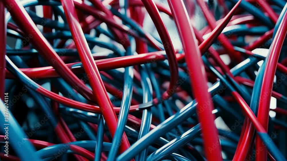 Colorful intertwined cables create an abstract visual in a close-up view showcasing dynamic lines and textures