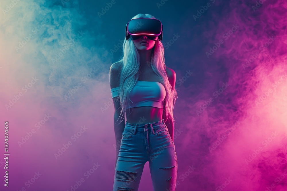 Obraz premium A fashionable woman is dressed in metaverse clothing and wears a futuristic visor