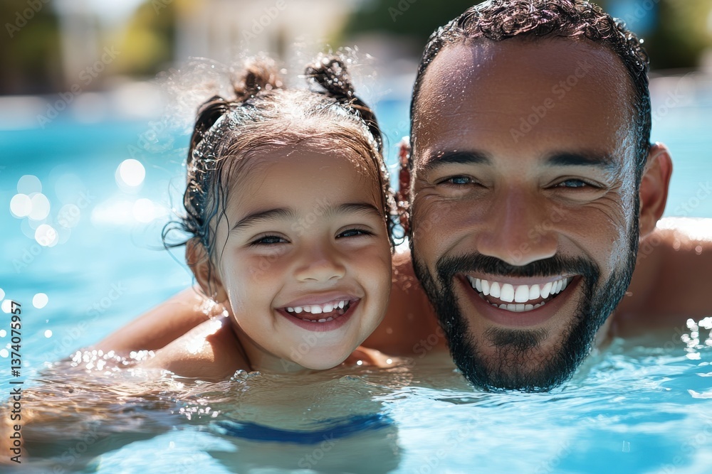 A joyful child plays with a smiling parent in a refreshing pool, capturing the essence of happiness and bonding through shared family moments in a sunny environment. A joyful child plays with a smiling parent in a refreshing pool, capturing the essence of happiness and bonding through shared family moments in a sunny environment.
