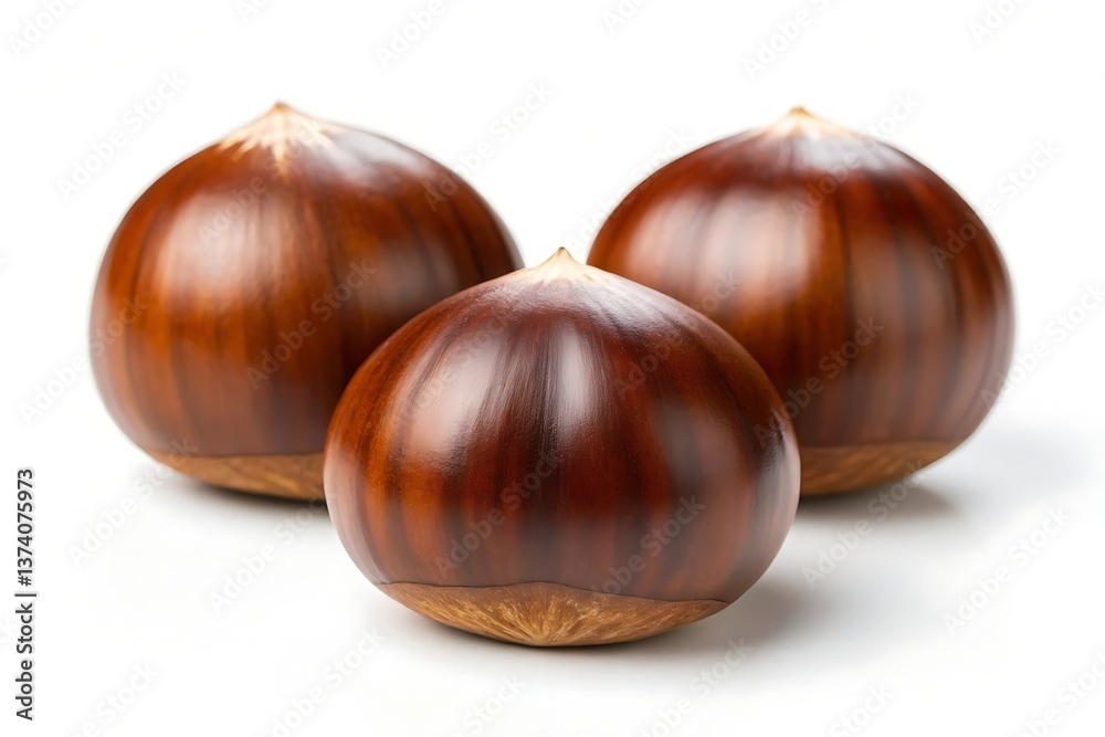 Three glossy chestnuts, plump and ready for roasting, a delightful autumn harvest against a bright white background. Three glossy chestnuts, plump and ready for roasting, a delightful autumn harvest against a bright white background.