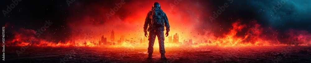Dramatic Scene of Solitary Figure Standing in Fiery Landscape Dramatic Scene of Solitary Figure Standing in Fiery Landscape