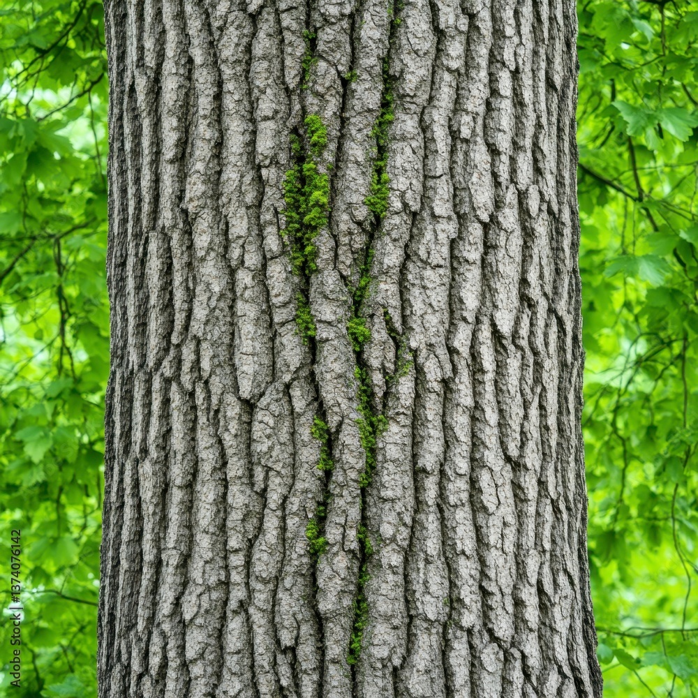 Fototapeta premium Close up view of tree bark texture, gray and brown tones, with small green vines growing vertically in a V shape. Lush green foliage forms a blurred background.
