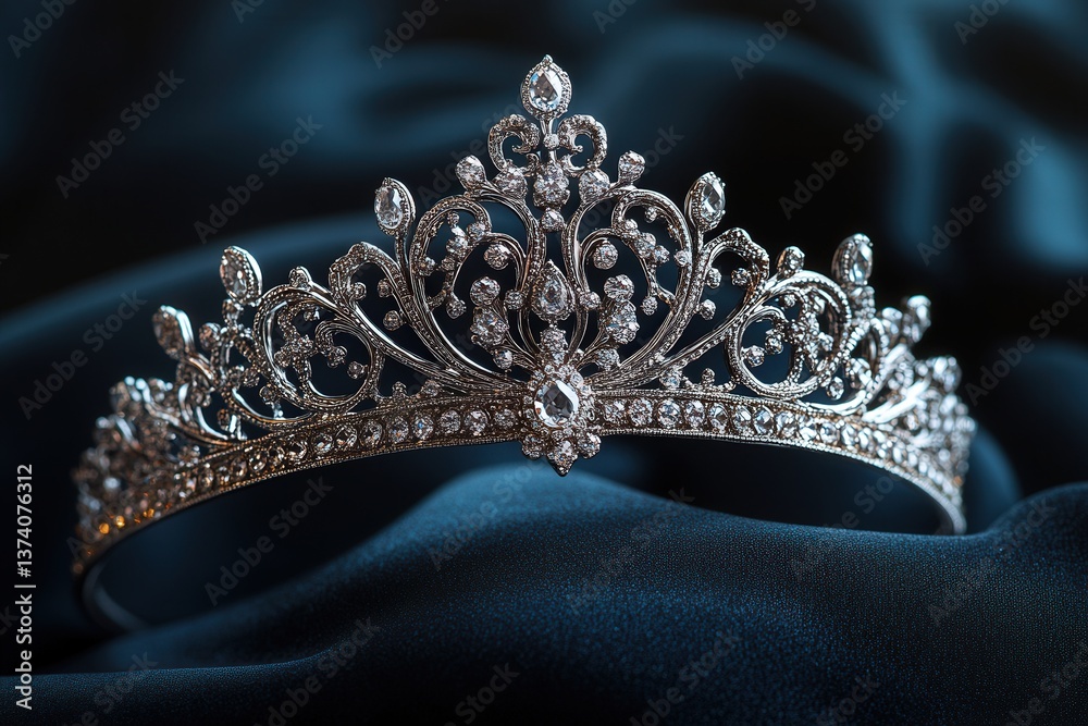 Elegantly designed jeweled tiara resting on luxurious deep blue satin fabric, exuding regality and sophistication. Elegantly designed jeweled tiara resting on luxurious deep blue satin fabric, exuding regality and sophistication.