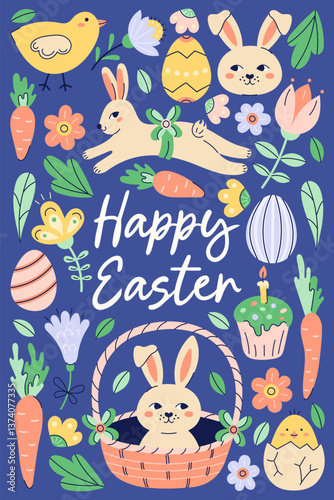 Happy Easter vertical poster with bunny in basket and different elements. Greeting hand drawn card on dark background. Flat illustration with partial outline. Isolated vector illustration.
