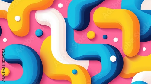 Colorful abstract design featuring curves and geometric shapes on a pink background.