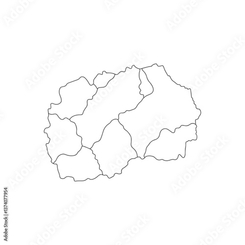 Minimalist black and white outline map of North Macedonia with internal region borders, simple vector illustration for geography, education, and design use