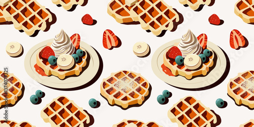Seamless vector pattern featuring waffles topped with whipped cream, strawberries, blueberries, and syrup, perfect for breakfast-themed designs, culinary illustrations, and food-related projects