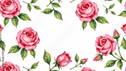 Delicate watercolor rosebuds & leaves, repeating floral pattern , surface, invitation, red