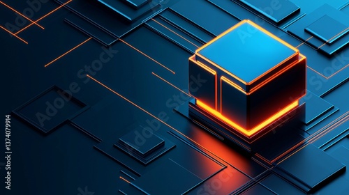 In a minimalist 3D rendering, the Neon Glow Cube is shown with an abstract and futuristic style, featuring a predominantly black and blue visual theme